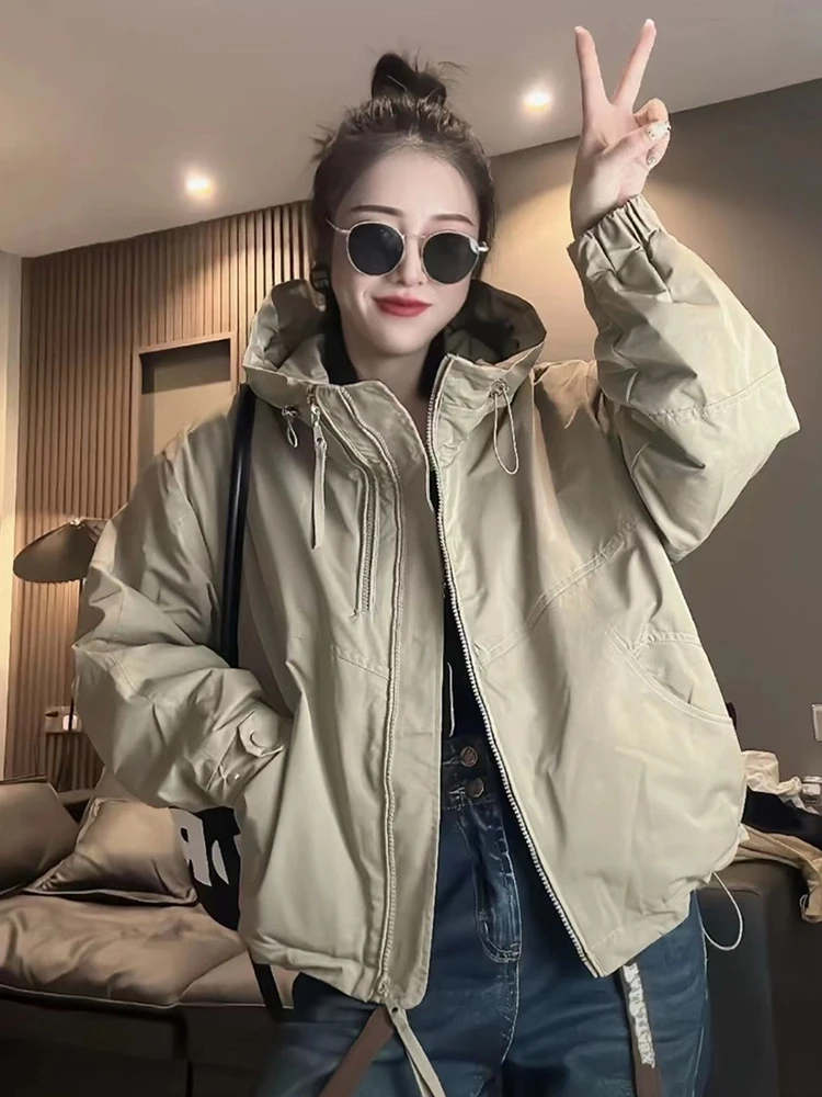 

American Sle ort Bla Women's Jaet Autumn Winter New Faion Double Zipper Design Windproof Coat Korean Loose Fit Cotton