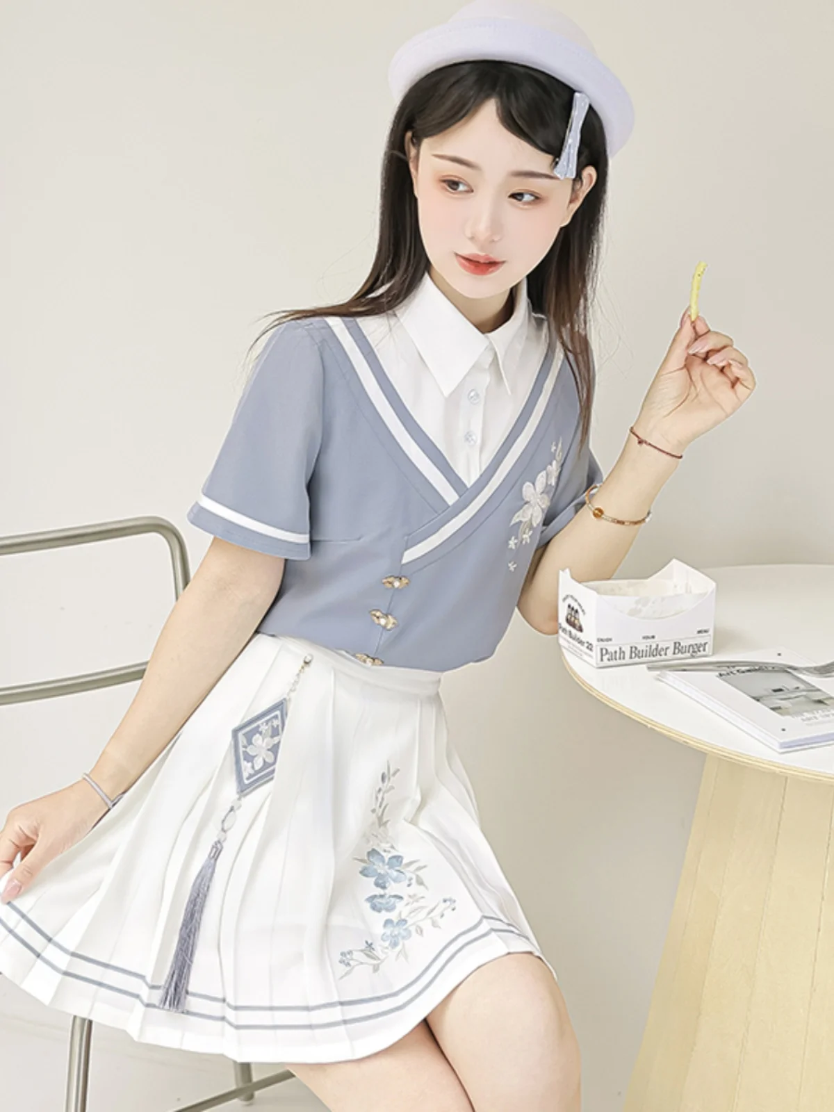 2024 New Summer Girl Women\'s Chinese Style Improved Short Sleeve Loose Shirt Top Slim High Waist Pleated Skirt Fashion Outfit