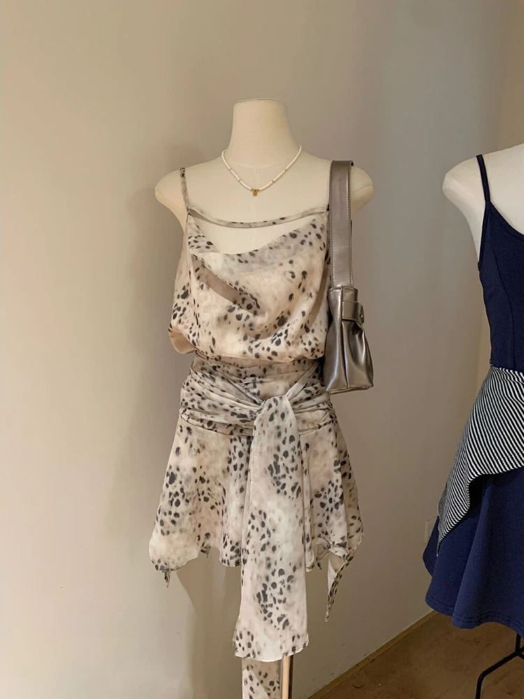 2000s American Vintage Leopard 2 Piece Skirt Sets Y2k Sexy Camis + Elegant Mini Skirt Harajuku Hot Girl Suits Korean Fashion Set