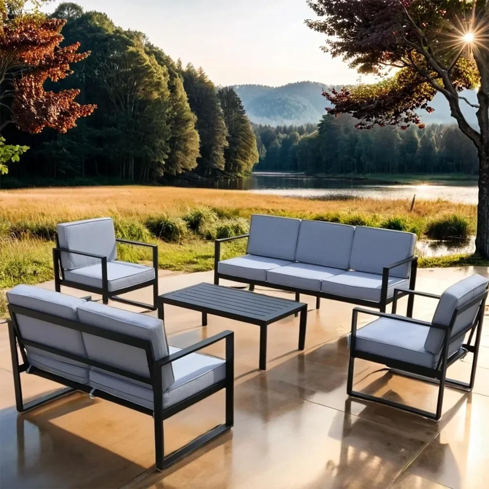 

7-Seater Aluminum Patio Furniture Set, 5 Pieces Patio Conversation Set, Outdoor Seating Set with 5 Inch Cushion rattan A