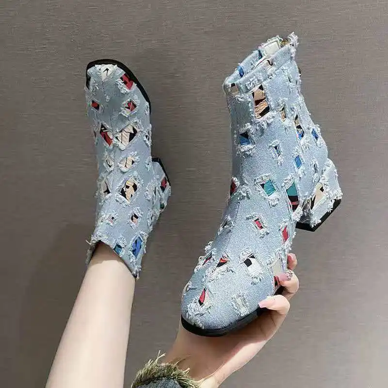 2026 Spring Autumn Thick-soled High-heel Denim Women's Shoes with Fashionable Color Combination and Zipper Short Bootie Shoes