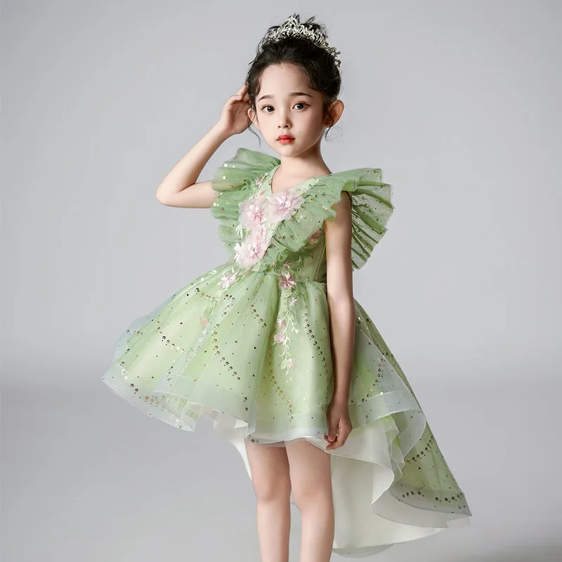 Summer Mesh Princess Dress Sticker Flying Sleeves Trailing Sequin Girl's Fluffy Dress Children's Performance Green Tailed Dress