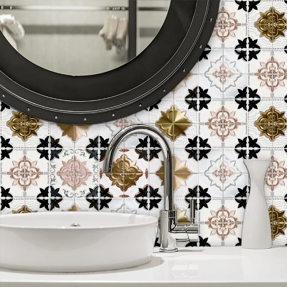 Vintage Floral Thick Foam Wall Decals Self-Stick Waterproof PVC Tile Decals Resistant Moroccan Pattern Reusable Wall Decal