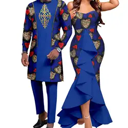 Dashiki African Women Mermaid Dresses Matching Men Outfits Pant Sets Bazin Riche African Couple Clothes for Wedding Y22C080