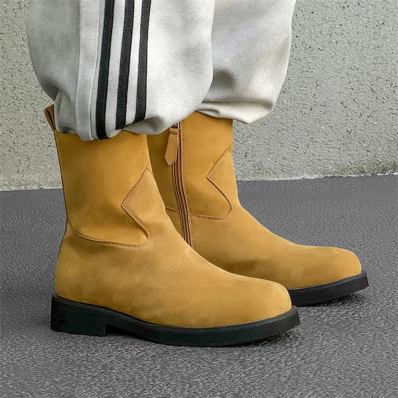 British style mens casual stage nightclub high chelsea boots slip-on cow suede leather shoes cowboy platform boot long botas man