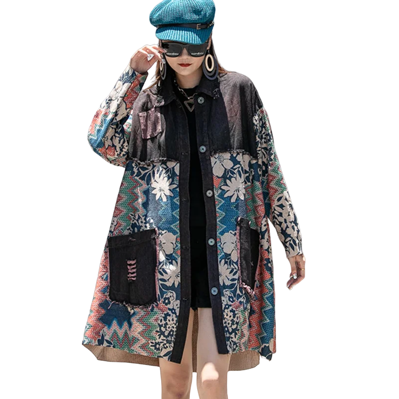 Vefadisa New Retro Old Windbreaker Coat Women Loose Mid-length Patches Printing Denim Splicing Sweater Coat 2023 Autumn LH1512