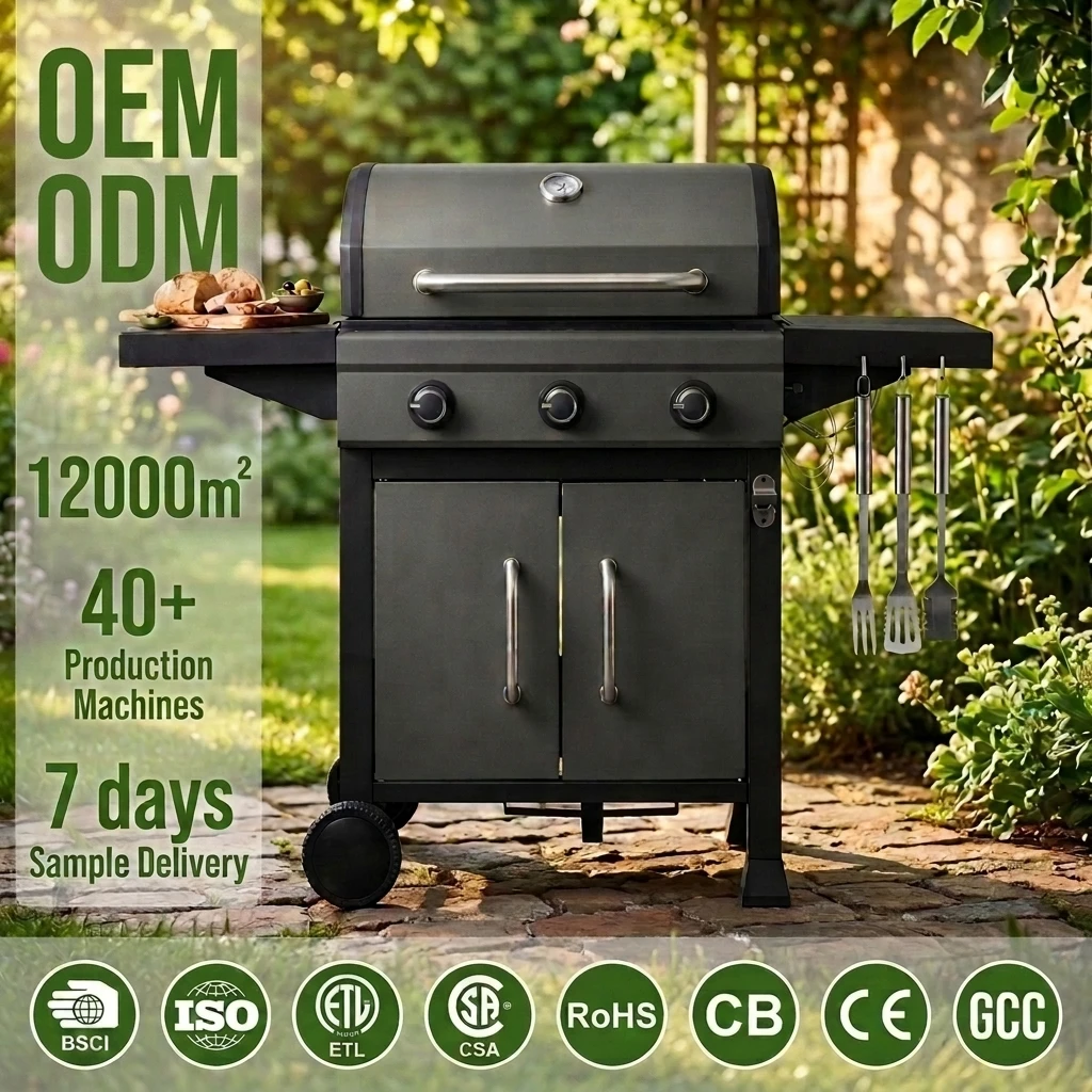 Premium 3-Burner Natural Gas BBQ Grill Modern Stainless Steel Outdoor Free Standing Barbecue Station Mesh Side Burner