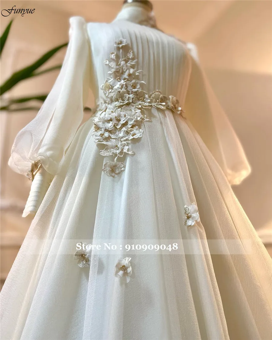 Funyue principessa avorio 3D fiori Abito da Sposa 2024 collo alto maniche lunghe abiti da Sposa per la Sposa a-line Tulle Abito da Sposa