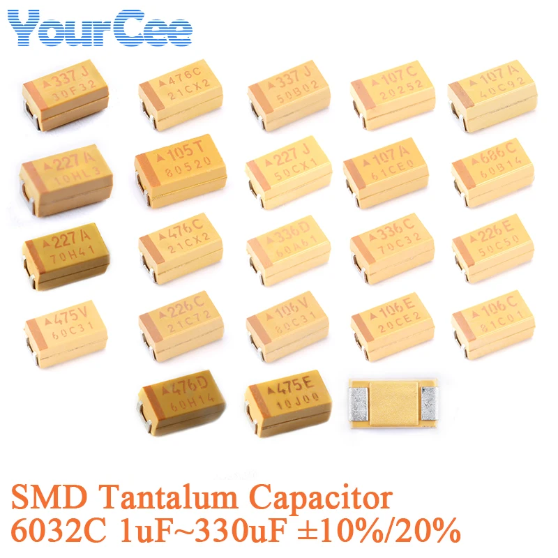 5PCS Capacitor de Tantalum SMD 1uF~330uF 6032C ±10% ±20% 35V 25V 16V 10V 6.3V 1uF 4.7uF 10UF 22UF 33UF 47UF 68UF 100UF 220UF 330uF