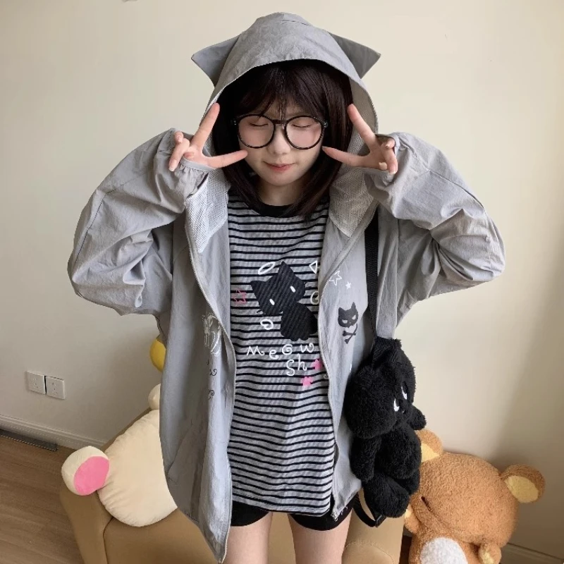 New Women's Air Conditioning Suit Summer Animal Print Gray Sunscreen Clothes Upf50 + UV Protection Outdoor Ice Silk Coat Ladies