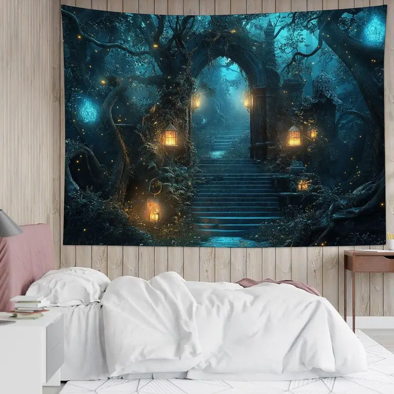 VIKAMA Enchanted Forest Tree Tapestry, Psychedelic Starry Bohemian Gothic Wall Hanging for Bedroom Dorm Decor