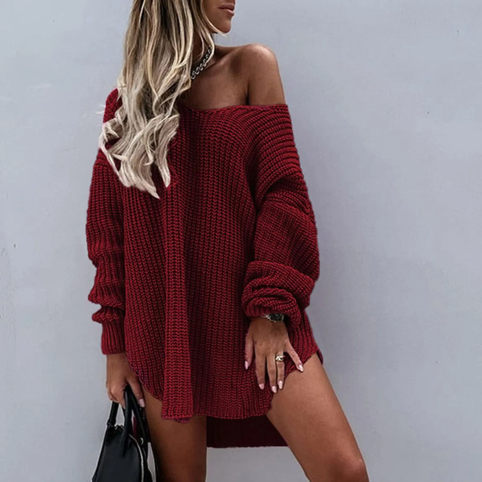 Women Oversize Sweater Solid Color Drop Shoulder Long Sleeves Long Sweater New Knitting V Neck Fashion Sexy Sweater Autumn