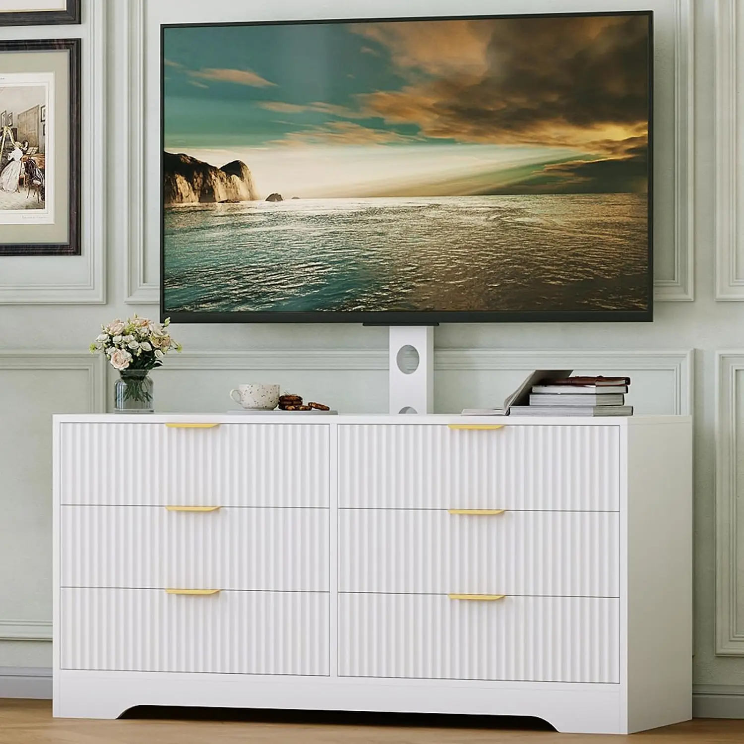Tall TV Stand with Mount for TVs Up to 75 Inch, 6-Drawer Entertainment Center with Fluted Panel Design, Wall, Customized