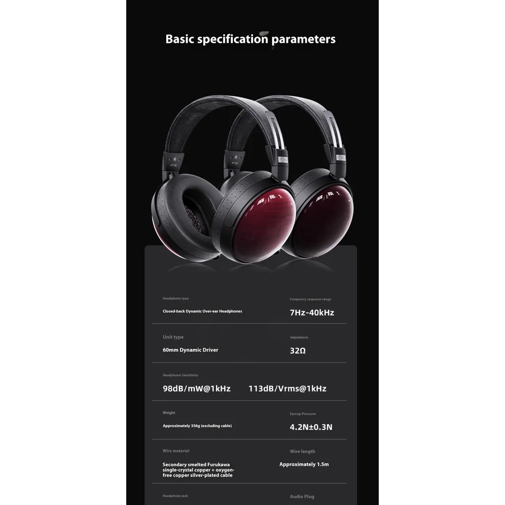 FiiO FT13 60mm Dynamic Driver Closed-Back Over-Ear Headphones Professional HIFI Wired Monitoring Big Ear 3.5+4.4mm