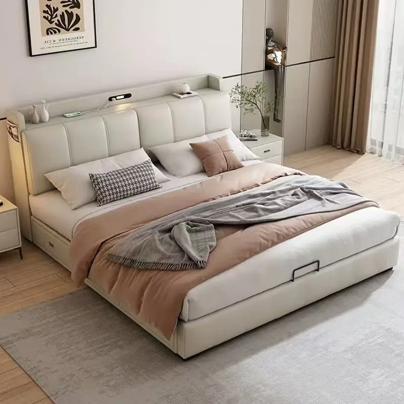 *Minimalist Leather Bed, Double Bed, Small Unit, Multifunctional with Light Storage, Solid Wood Soft Pack Bed
