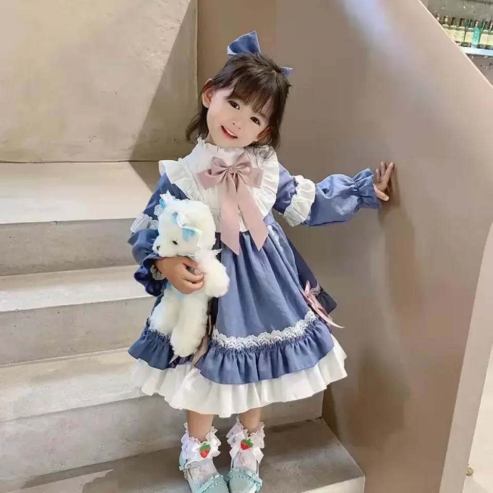 2023 Spring Autumn Cute Blue Bow Ruffle Lolita Dress Kawaii Outfit for Girls Child Sweet Baby Birthday Princess Dress 2-7 Years