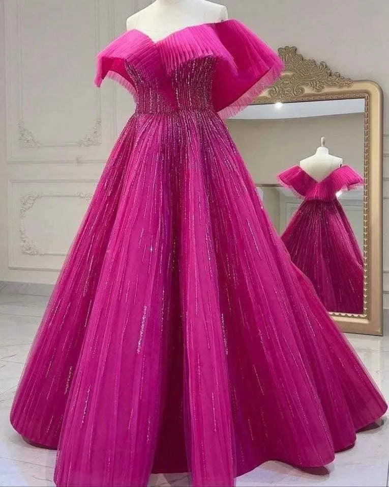 

New Arrival Off The Shoulder Rose Pink Beaded A-line فساتين السهرة vestidos de fiesta فساتين سهره evening dresses