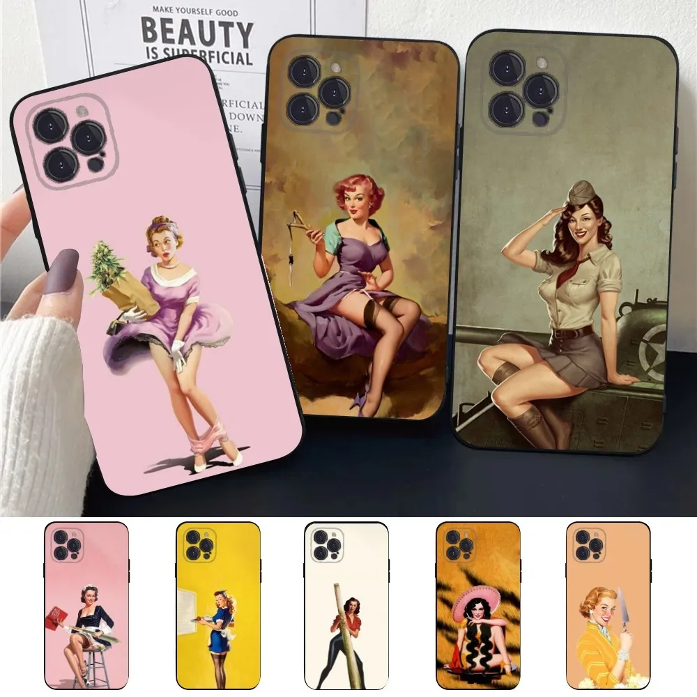 Pin Up Girl  Phone Case For Apple iPhone 15,14,13,12,11,XS,XR,X,8,7,Pro,Max,Plus,mini Silicone Black Cover