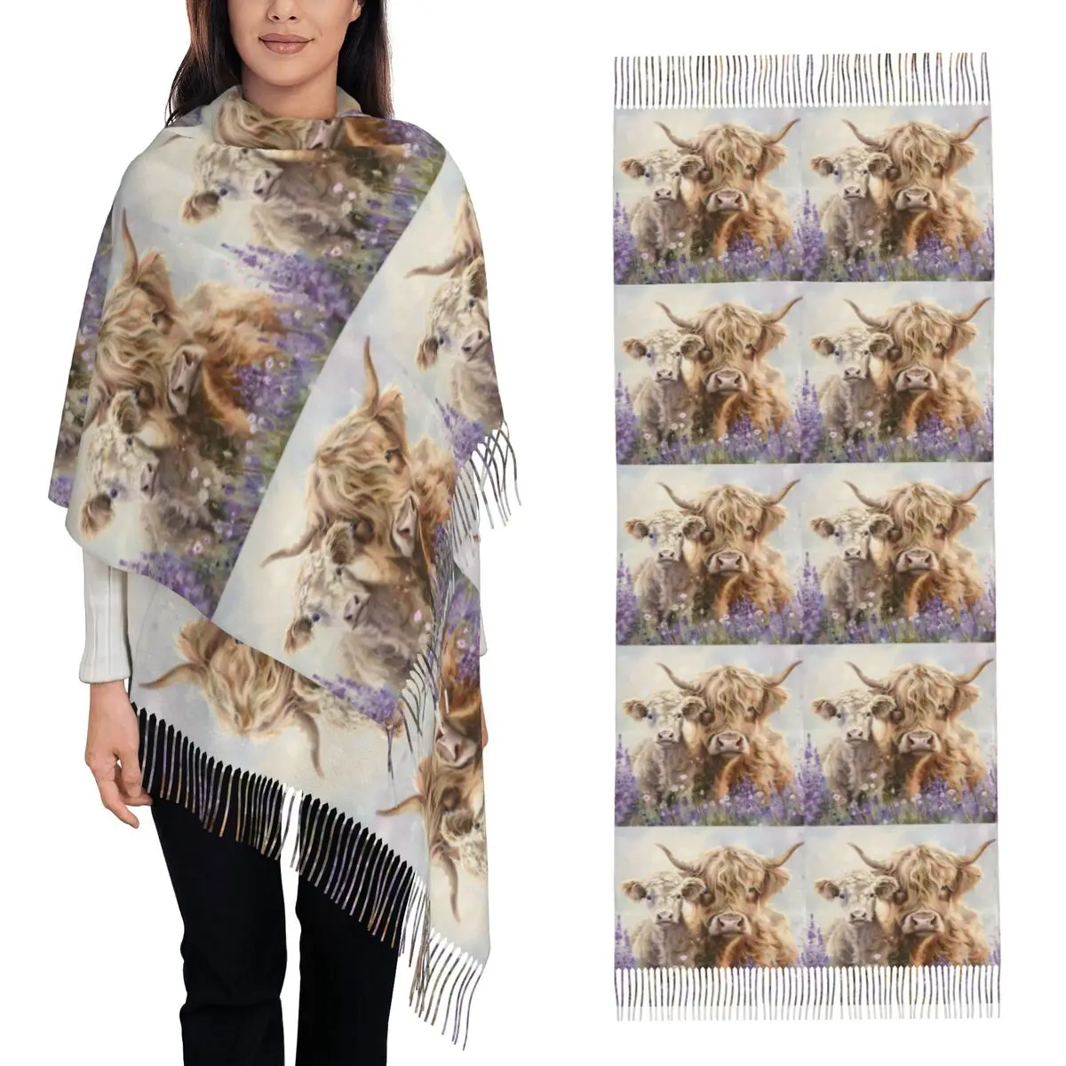 

Хайлендская корова и теля в луге Шарф с кисточками Женские мягкие теплые шали и накидки Длинная осенне-зимняя шаль