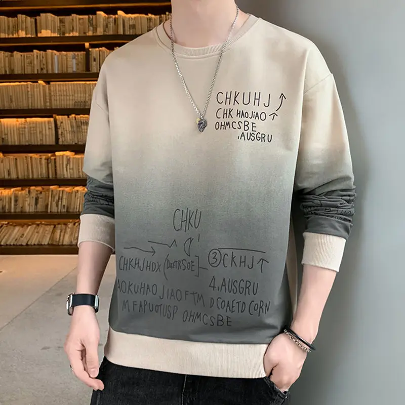 Fashion O-Neck Printed Letter Gradient Sweatshirts Men Clothing 2024 Spring Autumn New Loose Young Style Tops Casual Sweatshirts