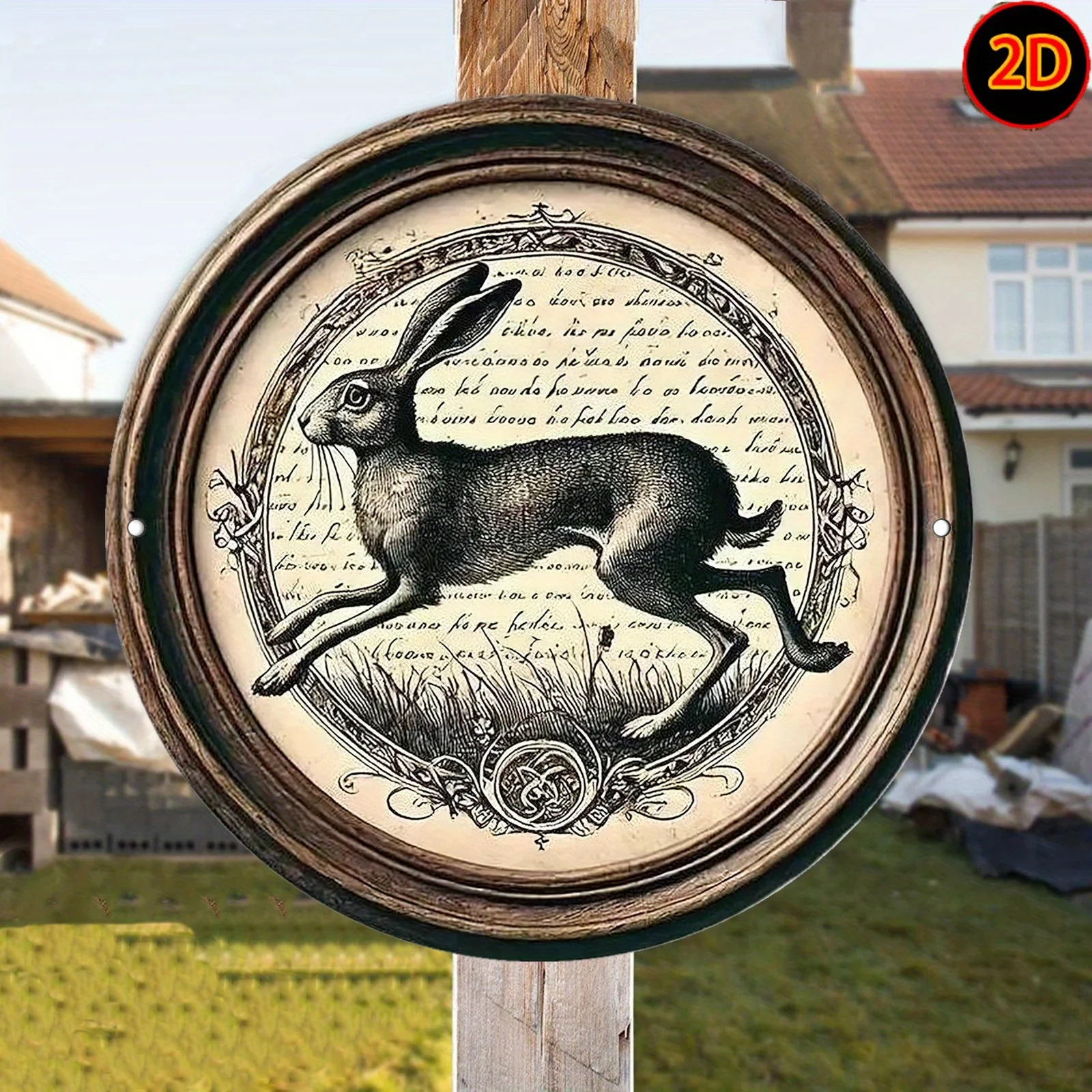 2D Flat, 2D Flat Round Metal Sign with a Leaping Hare and Vintage Text Decoration, Suitable for Bedroom, Living Room, Dining Roo
