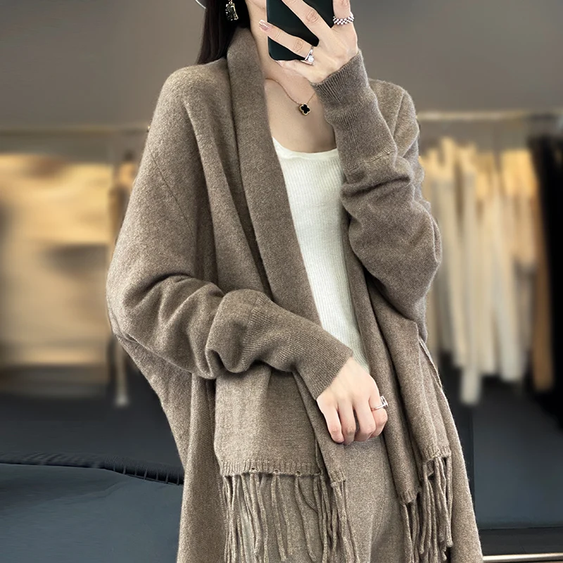 Choice Wool Sweater Women Tassel Shawl 100% Merino Wool Knitwear Cardigan Autumn Winter  Batwing Sleeve Loose Solid Vintage Tops