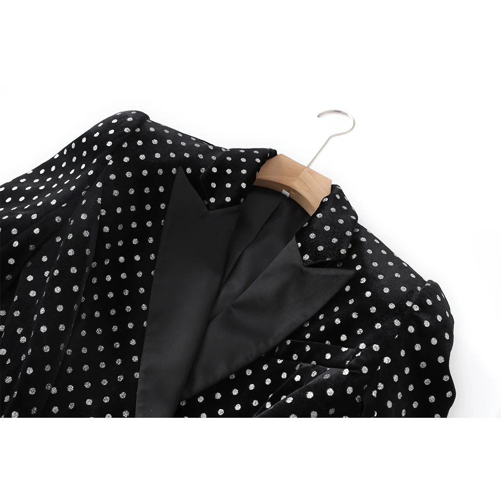 Newest Luxury Design Polka Dot Diamonds Buttons Classic Slim Fitnees Black Velvet Women Blazer