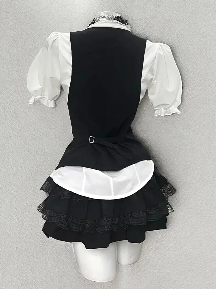 

Y2k Vintage Short Sleeve T-Shirt + Black Button Vest + Mini Skirt Three-Piece Dress Sets Retro Women Casual Elegant Patchwork