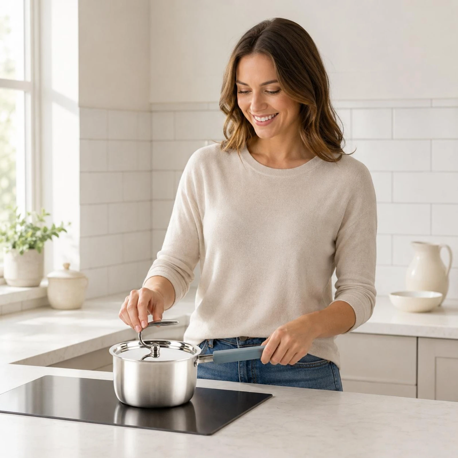 Small Saucepan Cookware Brushed Silver Fond Plat Triple-layer Steel Long Handle Milk Pan for Everyday Kitchen Routines