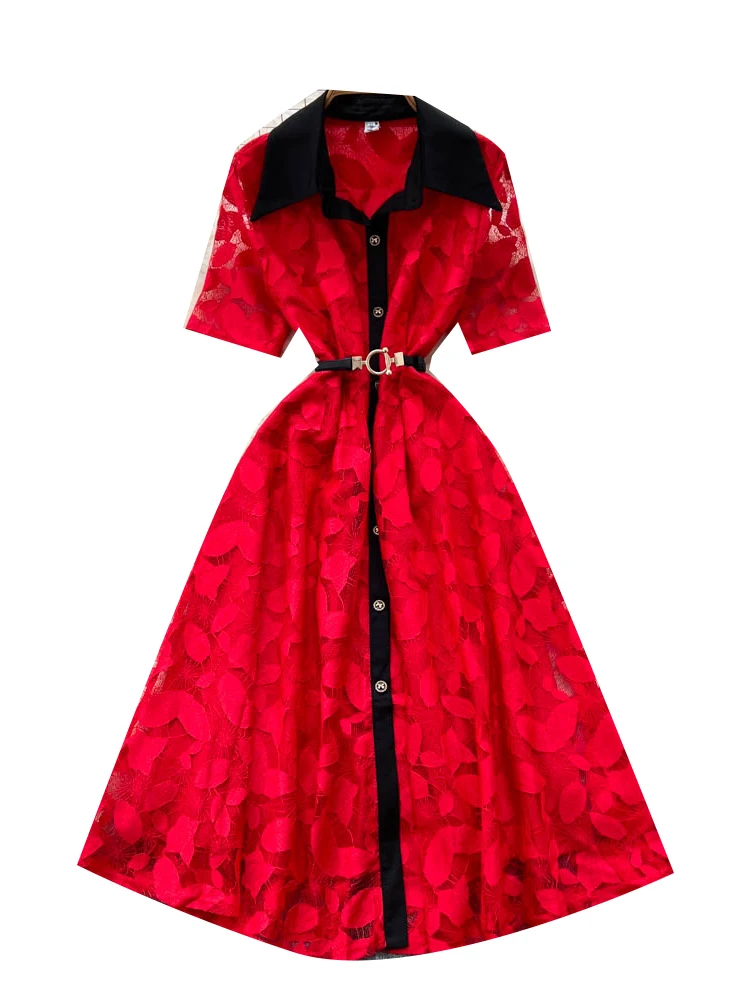 우아한 하이웨이스트 A라인 드레스 한국 스타일 반팔 레이스 여성 드레스 우아한 롱 스커트 컬러 블록 턴다운 칼라