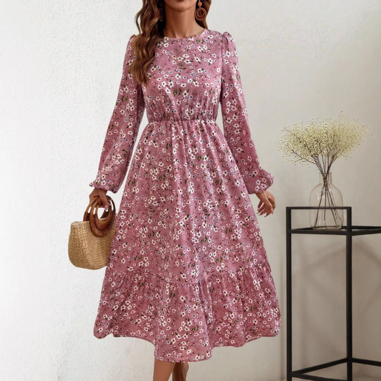 Vielseitiger Frühlings-Sommer-Damenrock mit Rundhalsausschnitt, Vestido De Festas, elegante Blumenmuster, lange Ärmel, Taille, A-Linie, Strandurlaubskleid