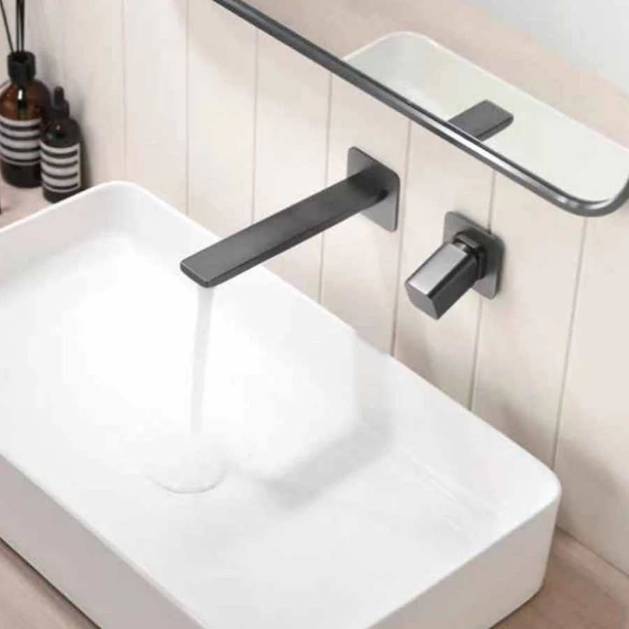 Rubinetto da bagno con rubinetti per lavabo dal design quadrato a 2 fori nascosti a parete nascosti in ottone spazzolato canna di fucile