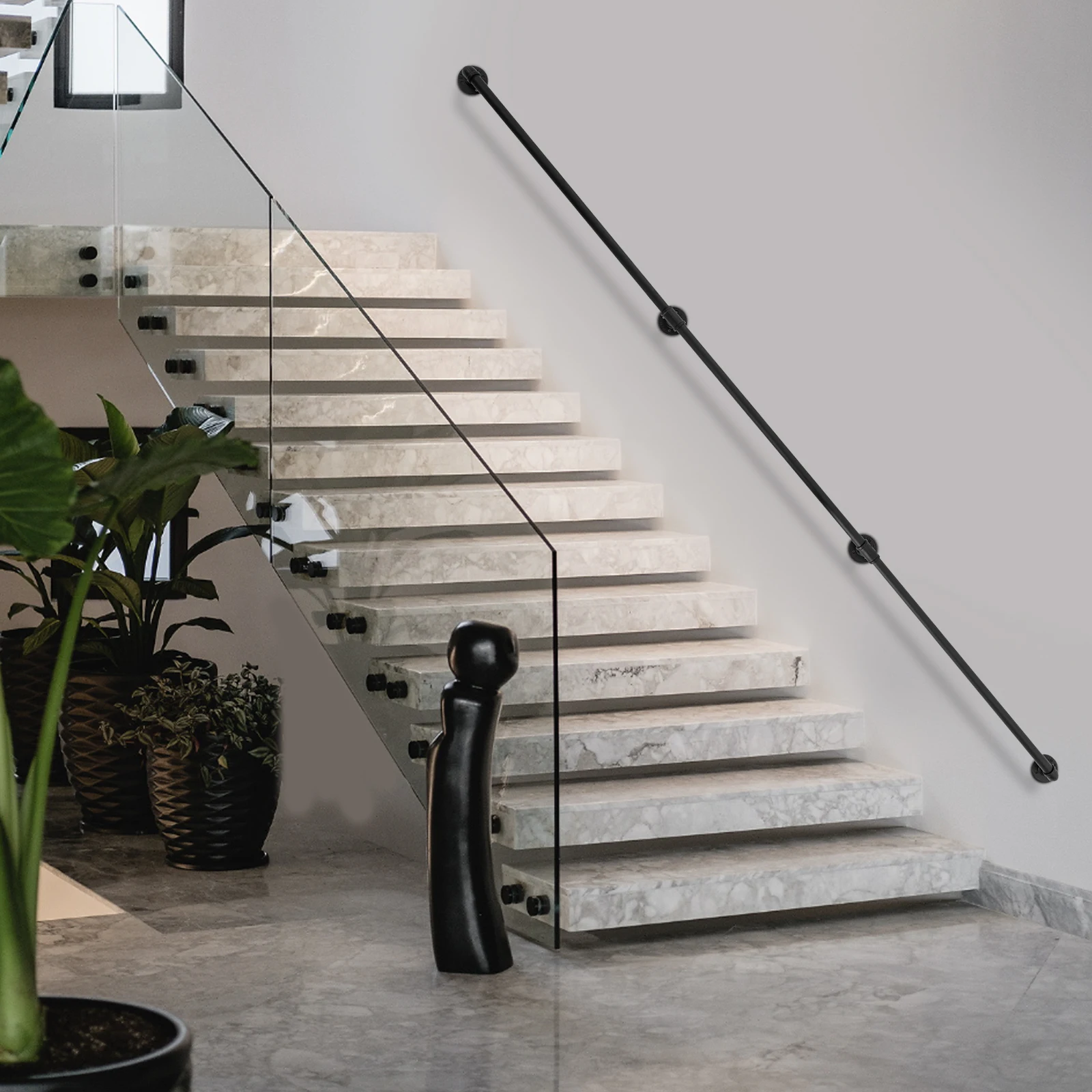 

2.74m Stair Handrail, Metal 3-Section Staircase Handrail, Wall Mounted Stair Safety Walking Aid For Steps, Attic, Villas