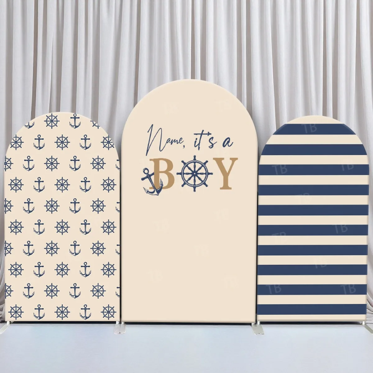 

Nautical Anchor Stripe Pattern NavyBlue Cream Arch Backdrop Cover for Baby Shower Birthday Party Decor Fabric Photo Background