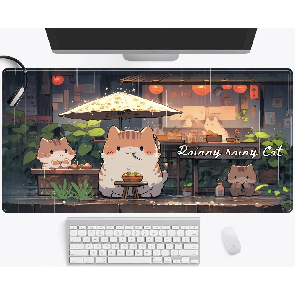 

Коврик для стола Kawaii Rainy Cat в японском стиле, большой нескользящий коврик для мыши, эстетичный офисный декор в стиле аниме для ноутбуков и ПК