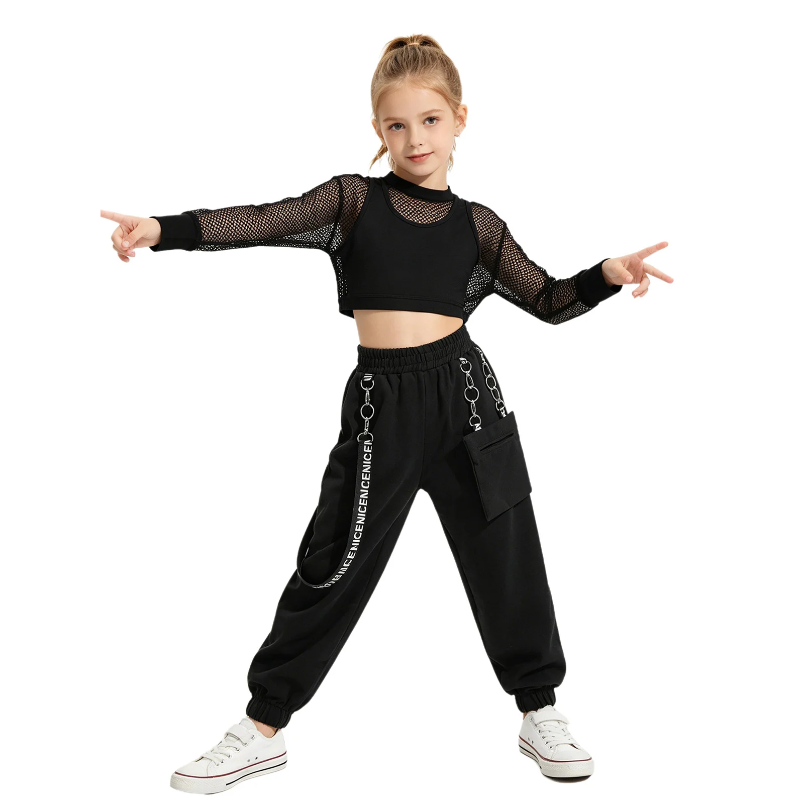 Kinder Mädchen Hip-Hop Jazz Tanz Performance Outfits: Rückenfreies Top mit Cargo-Hose und Mesh Langarm Crop Top Tanzkleidung – Detail 29