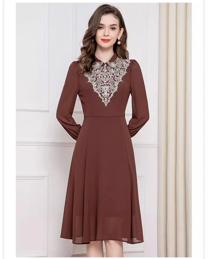 

4XL 3XL 2XL Women Dress 2024 Spring Summer Fashion Large Woman Lurex Embroidery Long Sleeve Midi Purple Brown Dress Female 50s