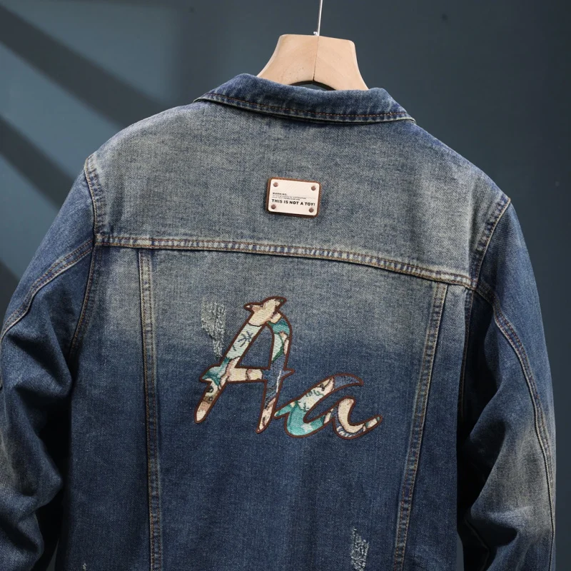 

2024 Spring and Autumn Printed Vintage Denim Jacket Men's Fashion Brand Handsome Street Style Leisure Cargo Nostalgic Washed Top