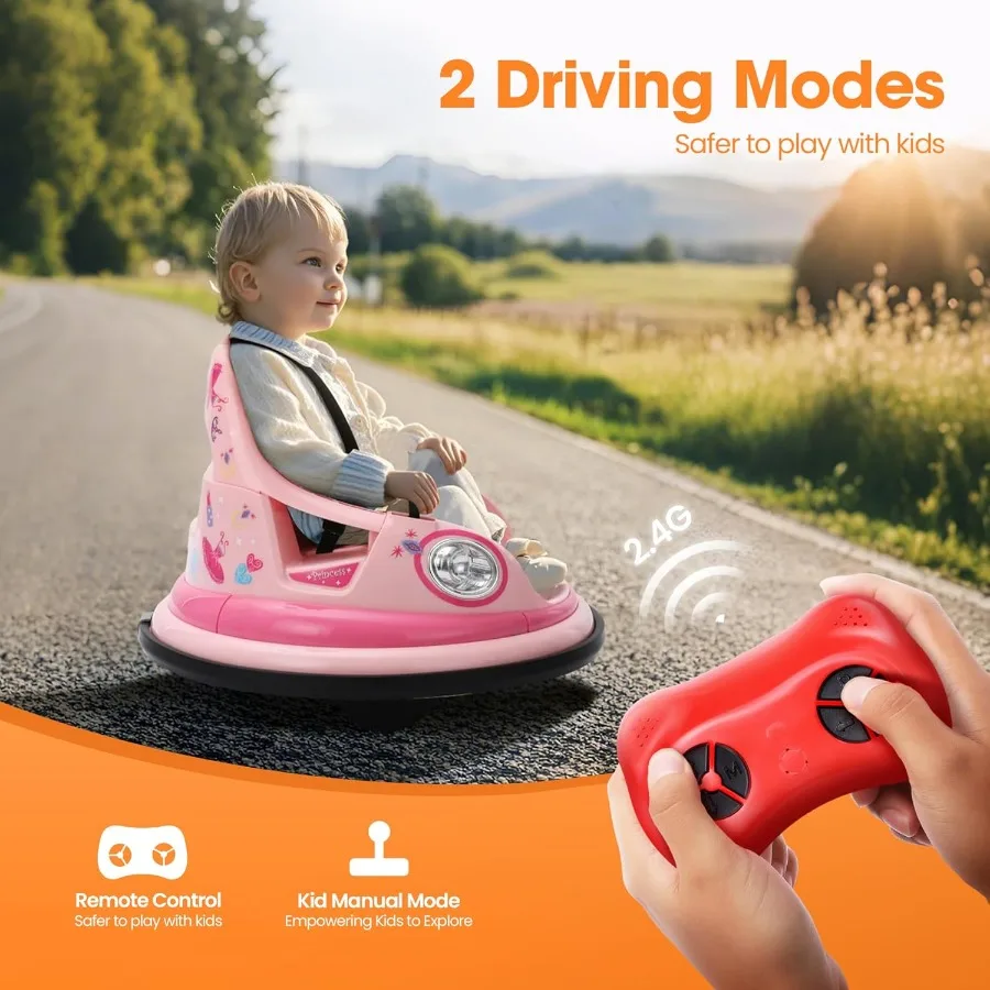 12V電動バンパーカー、幼児および1.5～6歳向け、リモコン付き、DIYステッカー2枚、360度回転ライト付き、Sサイズ