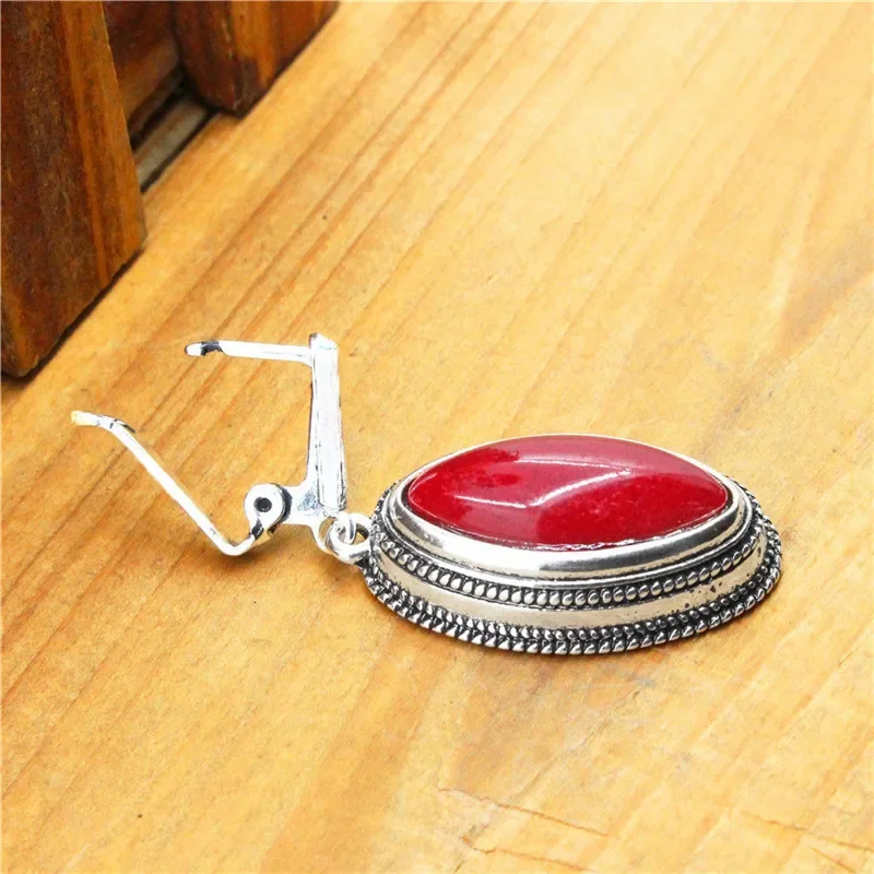 Double Layer Rhombus Red Stone Set Retro Necklace Earrings Set For Women Antique Silver Plated Fashion Jewelry