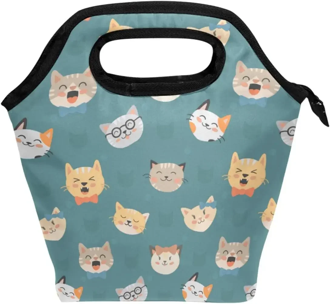 Happy Cat Green Cute Lunch box Insulated Lunch Bag Lunch Container Handbag for Women Men Girls Boys Kids Work Office School