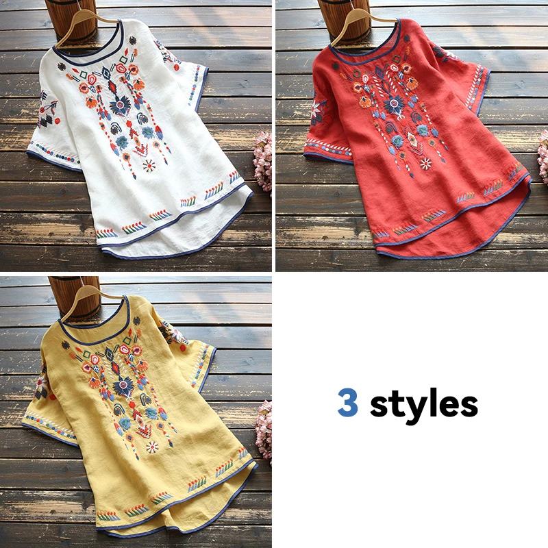 

Ethnic Style Cotton Linen Embroidered T-Shirt Women's Summer Retro Art Loose Plus Size Slimming Versatile Short Sleeve New