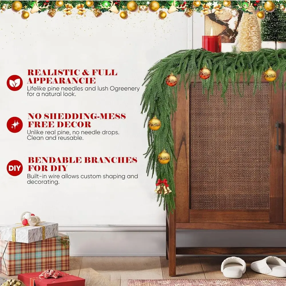 إكليل صنوبر واقعي لعيد الميلاد بطول 9 أقدام مع 100 مصباح، و120 فرع لدرج العطلات، والطاولة، وديكور الحائط