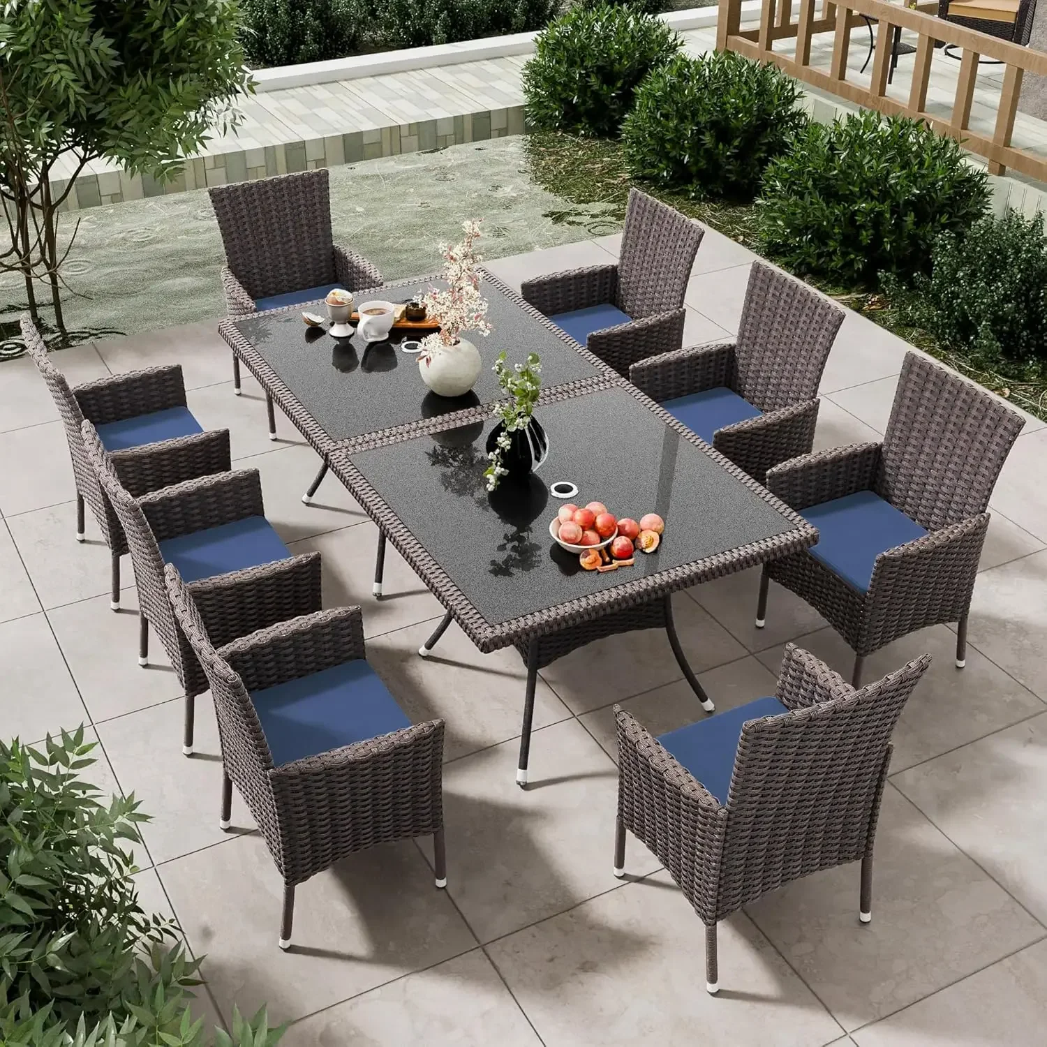 10 Pieces Dining Sets for 8 with Rattan Dining Set Chairs x8 and Square Table Glass Topx2 with Umbrella Cutout, Outdoor