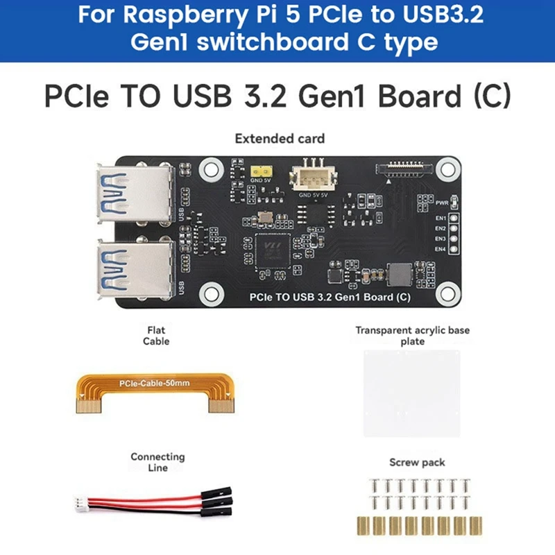 For Raspberry Pi 5 Pcie To USB3.2 Gen1 Board 5Gbps Pcie To 4Xusb3.2 Expansion Board Driver-Free Plug And Play