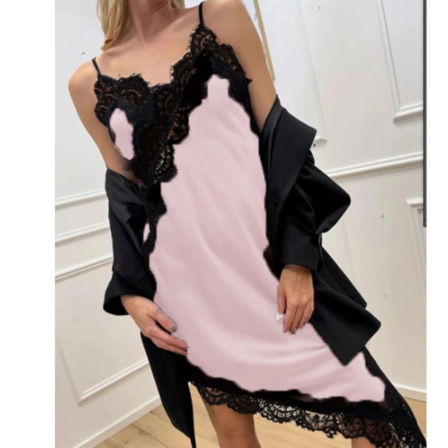 Sleeveless Spaghetti Strap V Neck Lace Patchwork Satin Dress Summer Party Dress Women's Asymmerital Midi Cami Dress