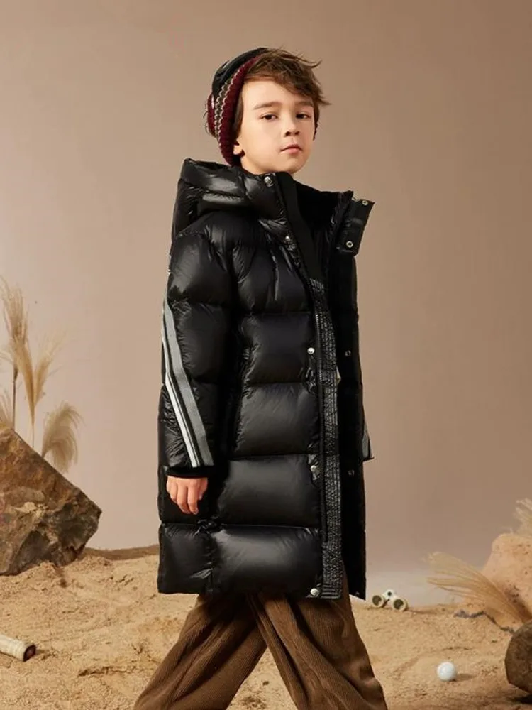 High-End-Down-Mantel für Kinder, lange Kapuzen-Oberbekleidung, Winter, für Jungen und Mädchen, winddicht, wasserdicht, warm, Daunenjacke A4162 – Detail 5