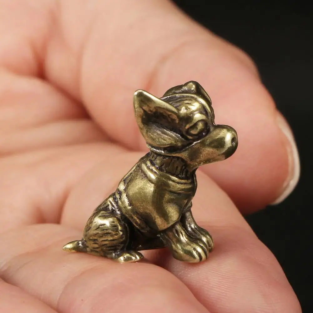 Brass Dog Figurine Vintage Puppy Model Mini Animal Metal Statue Sculpture Tea Pet Desktop Feng Shui Desktop Decoration