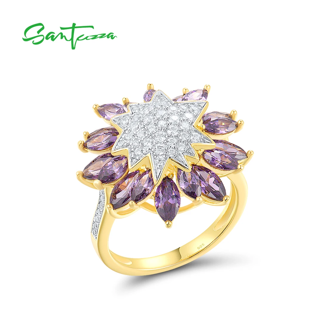 SANTUZZA Pure 925 Sterling Silver Ring For Women Purple Sunflower White Cubic Zirconia Elegant Party Gift Fine Jewelry