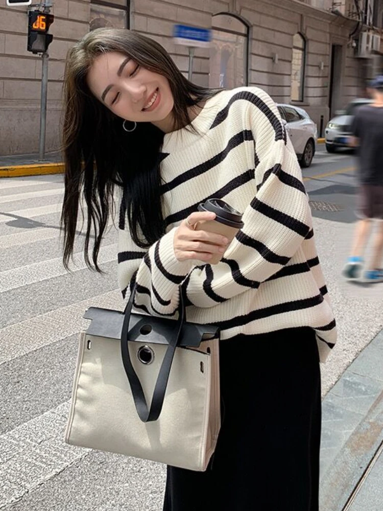 Slouchy Baggy Striped Sweaters Women All-match Casual Stylish Harajuku Japanese Style Knitwear Autumn Hipster High Street Daily